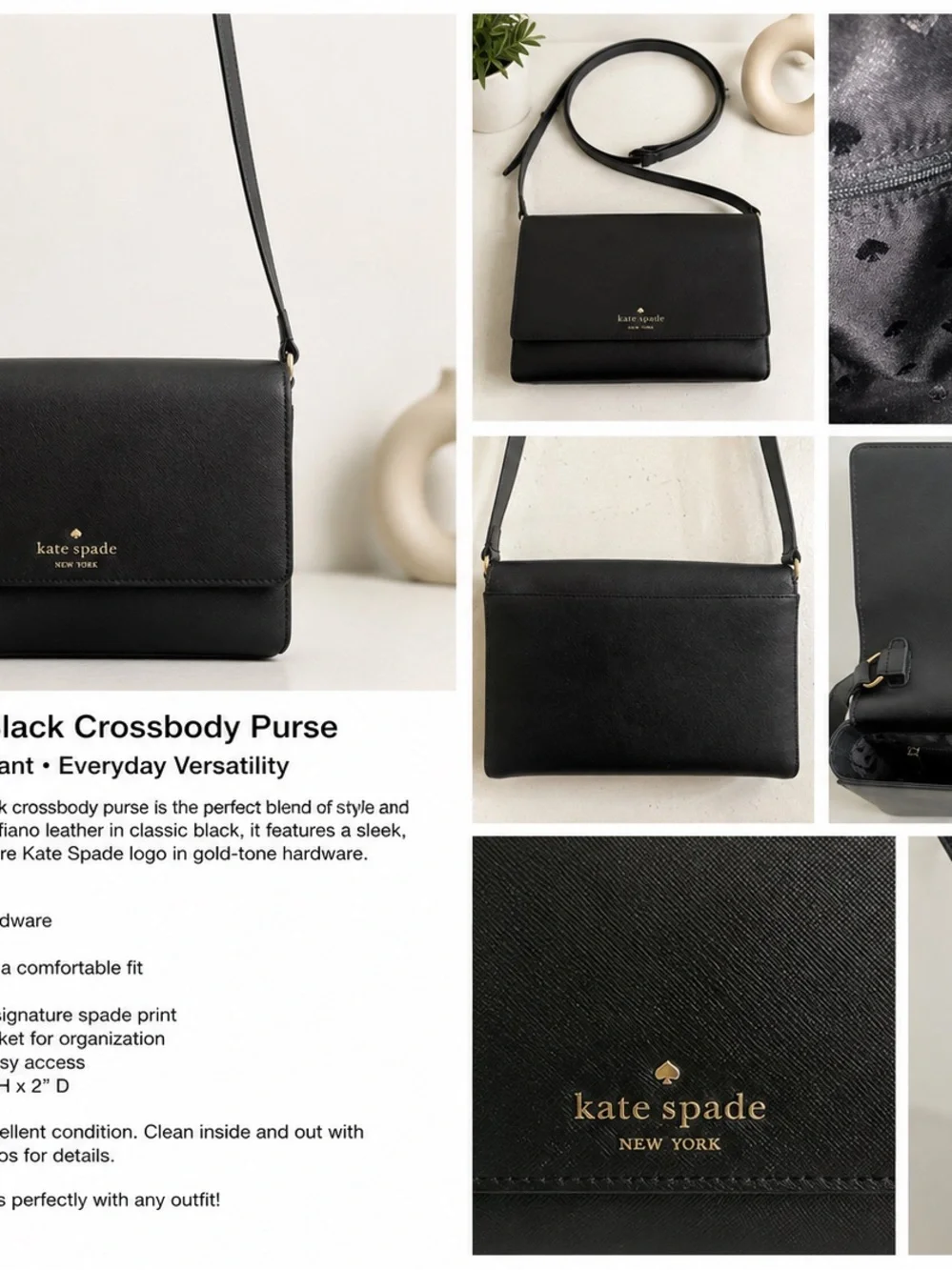 Kate Spade New York Black Crossbody Purse Gold Logo